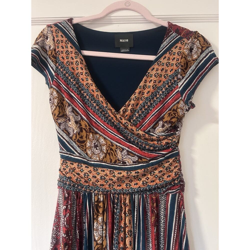 Maeve Anthropologie Mixed Print Surplice Midi Dress Red Teal XS Boho Cap Sleeve